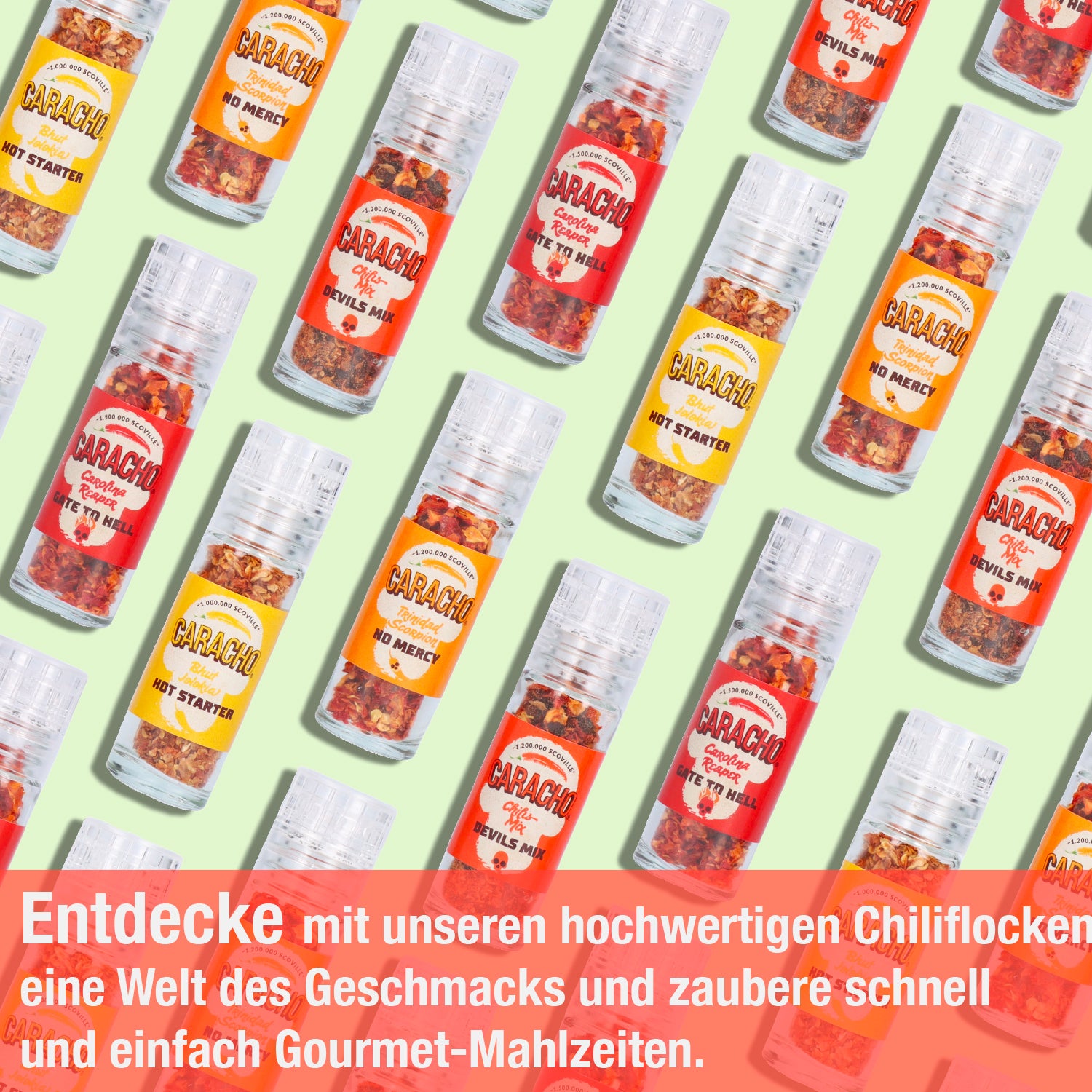 CARACHO Chili Mühlen Super Hot Set, 4 Mini Mühlen im Geschenkset