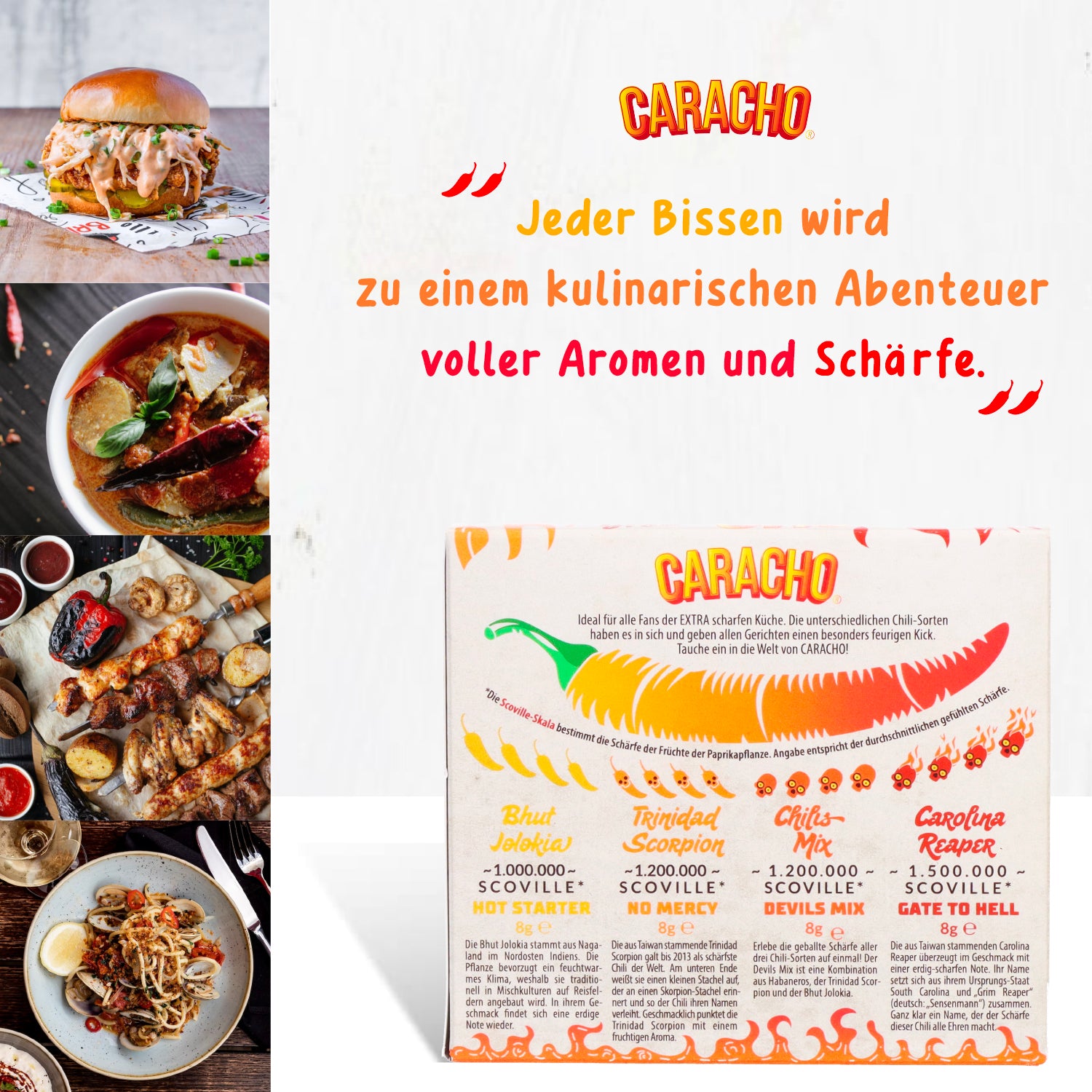 CARACHO Chili Mühlen Super Hot Set, 4 Mini Mühlen im Geschenkset