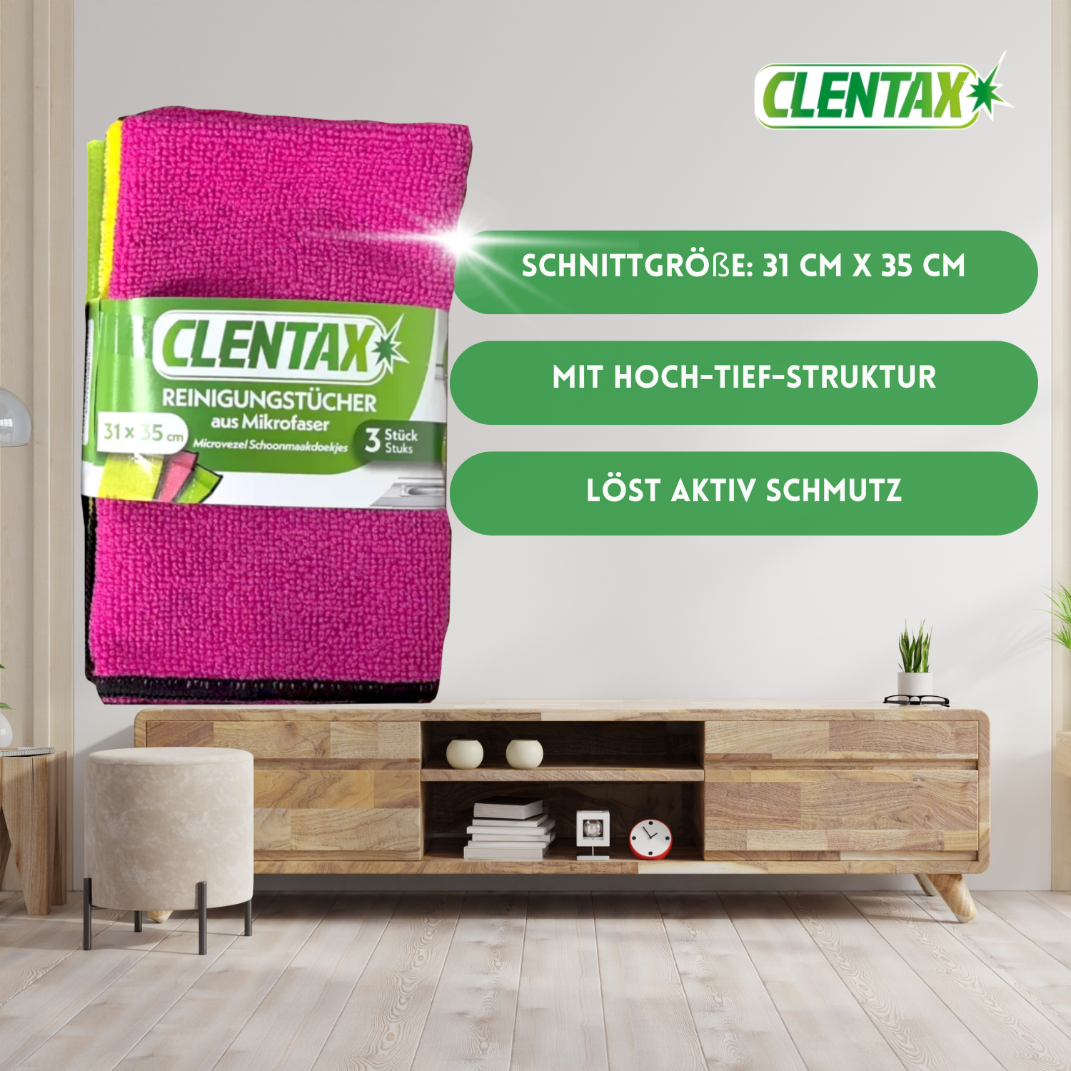 CLENTAX Reinigungstücher aus Mikrofeinfaser 18 x 3 St - Löst aktiv Schmutz