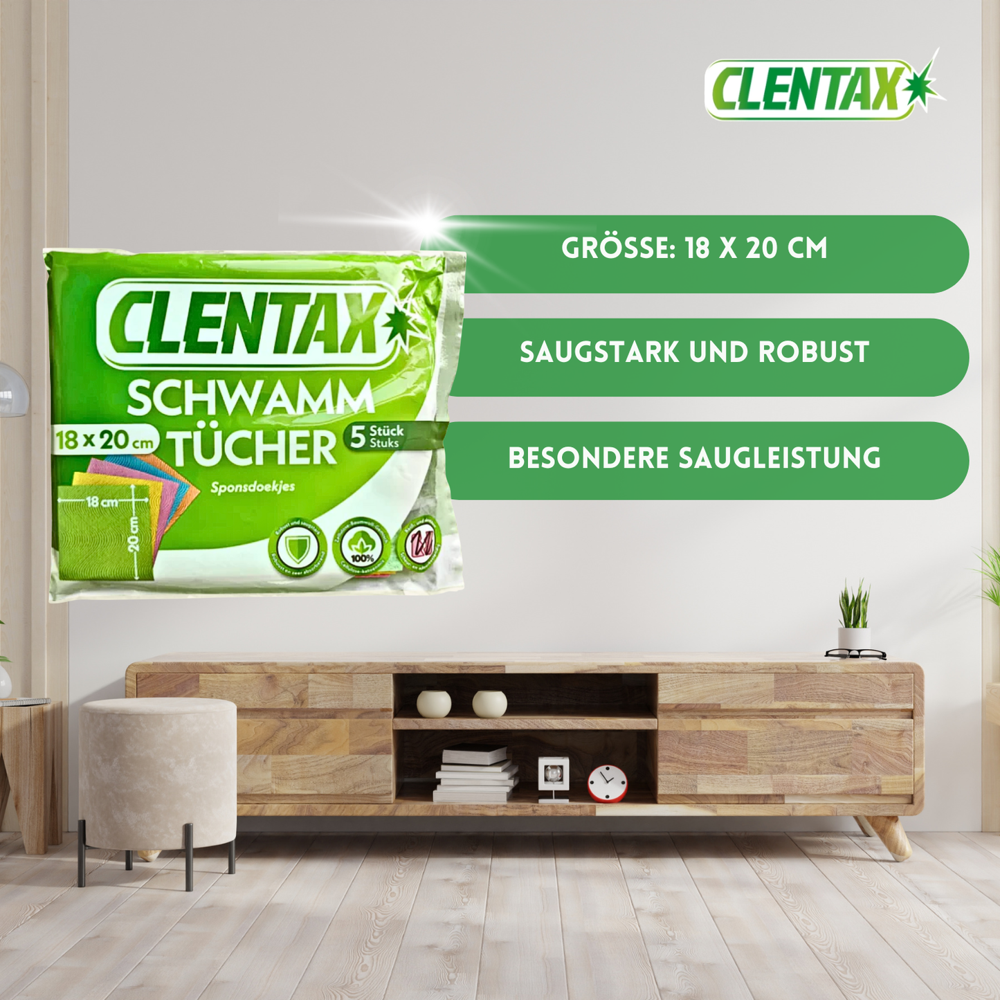 CLENTAX Schwammtücher 18 x 5 St - Reiß- und abriebfest - Saugstark und robust