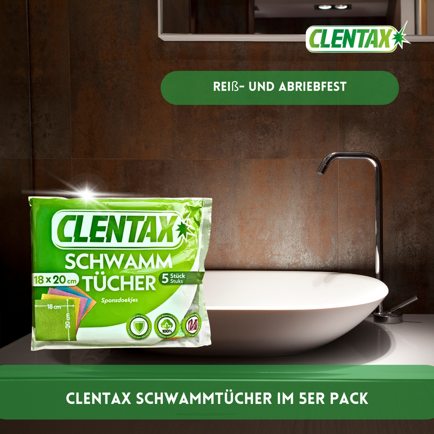 CLENTAX Schwammtücher 18 x 5 St - Reiß- und abriebfest - Saugstark und robust