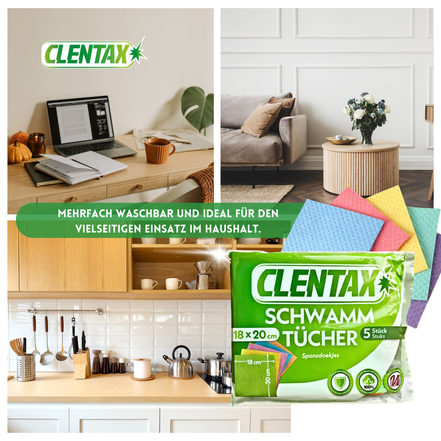 CLENTAX Schwammtücher 18 x 5 St - Reiß- und abriebfest - Saugstark und robust