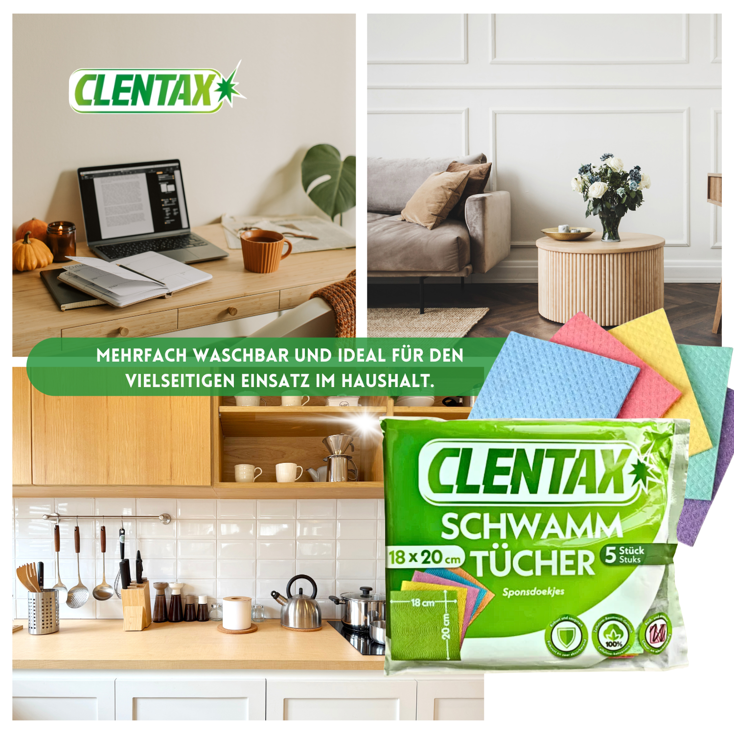 CLENTAX Schwammtücher 18 x 5 St - Reiß- und abriebfest - Saugstark und robust