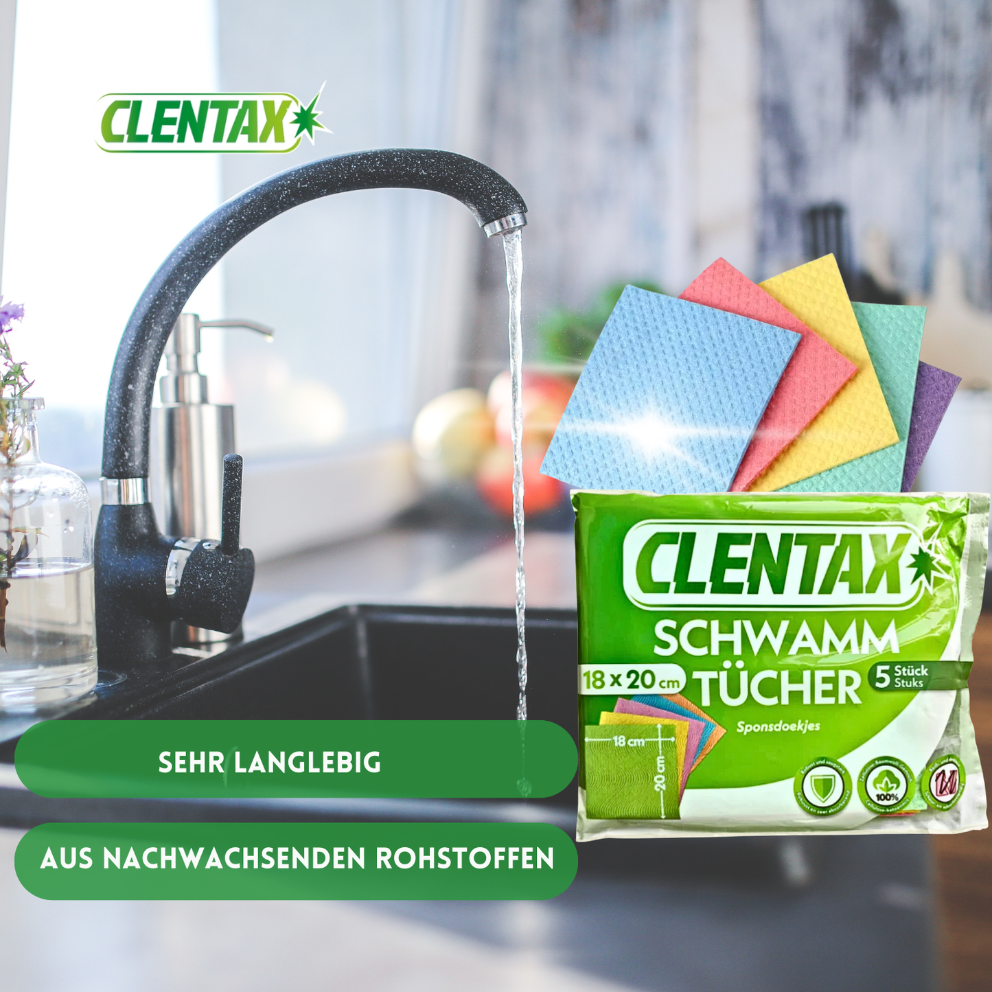CLENTAX Schwammtücher 18 x 5 St - Reiß- und abriebfest - Saugstark und robust