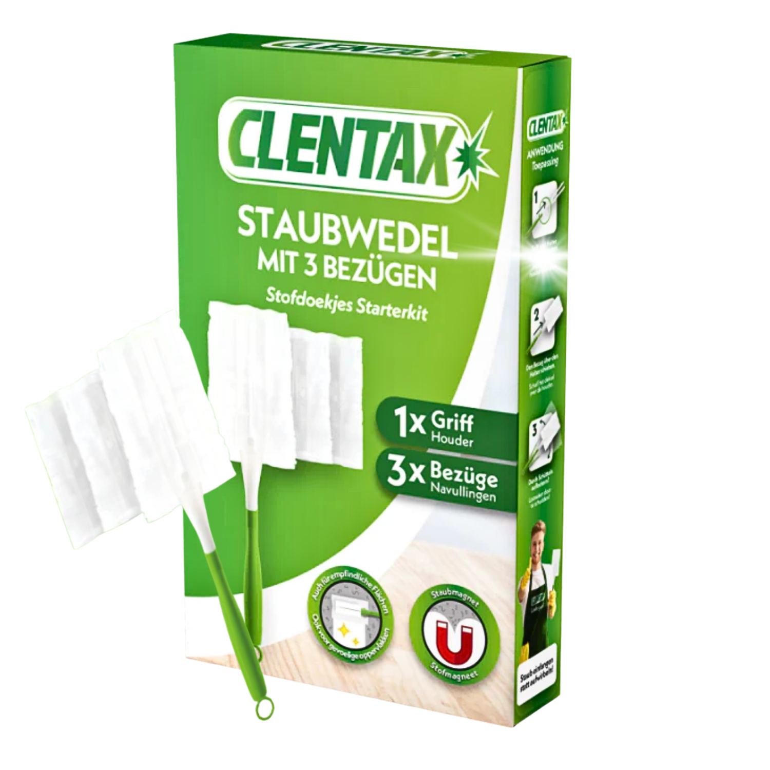 CLENTAX Staubwedel mit Bezügen 12er Set: 1 Griff + 3 Bezüge / Staubmagnet