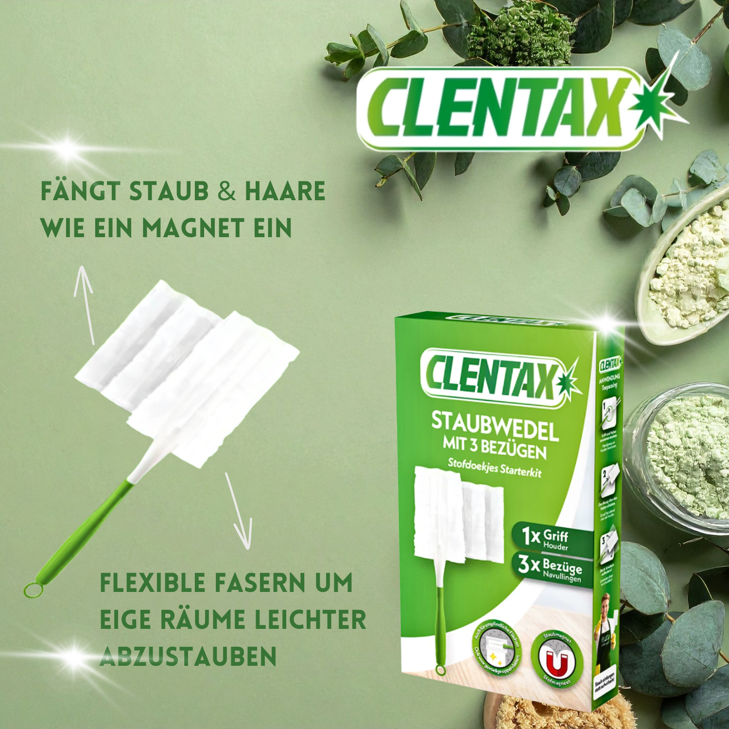 CLENTAX Staubwedel mit Bezügen 12er Set: 1 Griff + 3 Bezüge / Staubmagnet