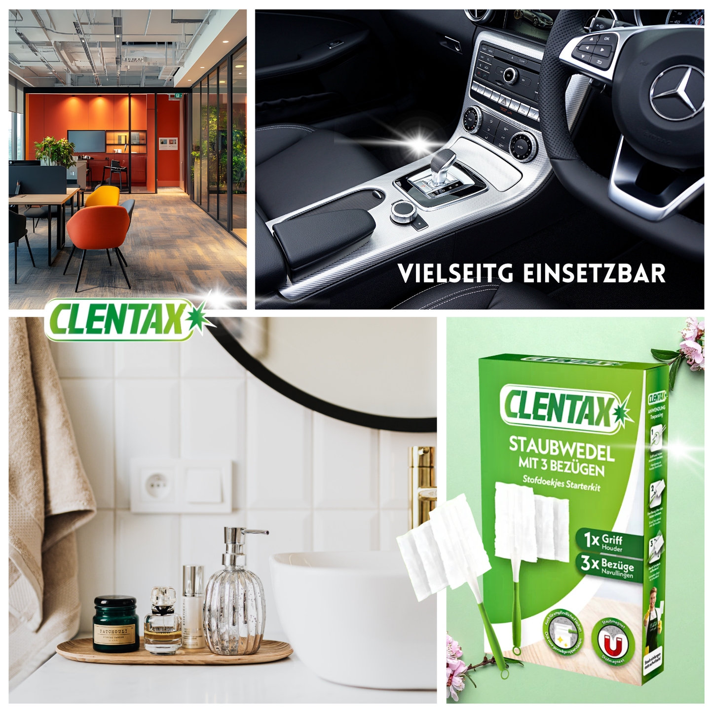 CLENTAX Staubwedel mit Bezügen 12er Set: 1 Griff + 3 Bezüge / Staubmagnet