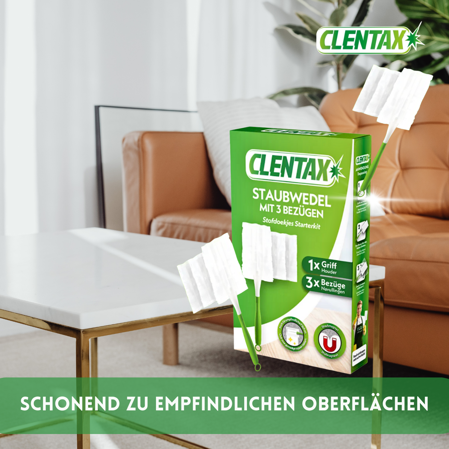 CLENTAX Staubwedel mit Bezügen 12er Set: 1 Griff + 3 Bezüge / Staubmagnet