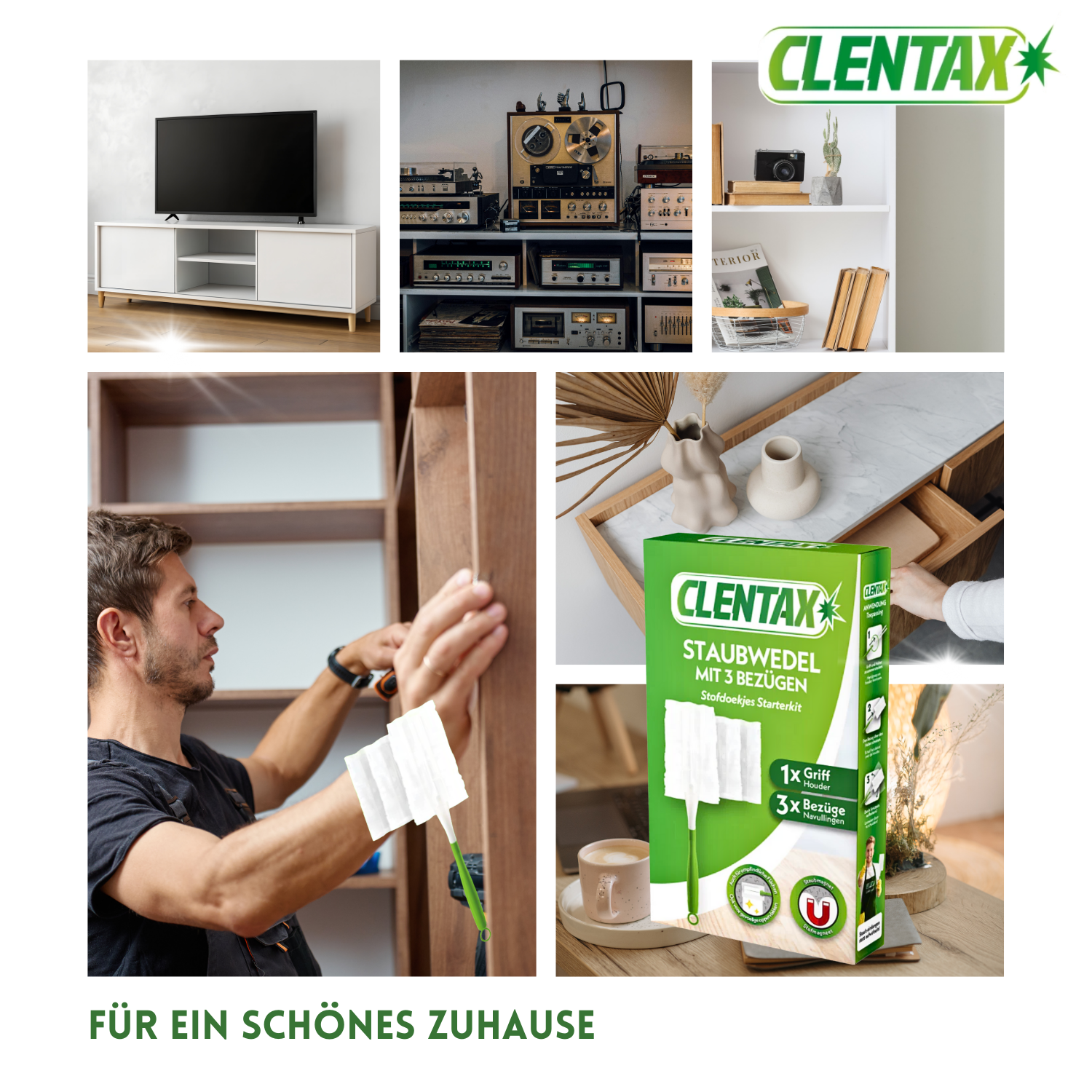 CLENTAX Staubwedel mit Bezügen 12er Set: 1 Griff + 3 Bezüge / Staubmagnet