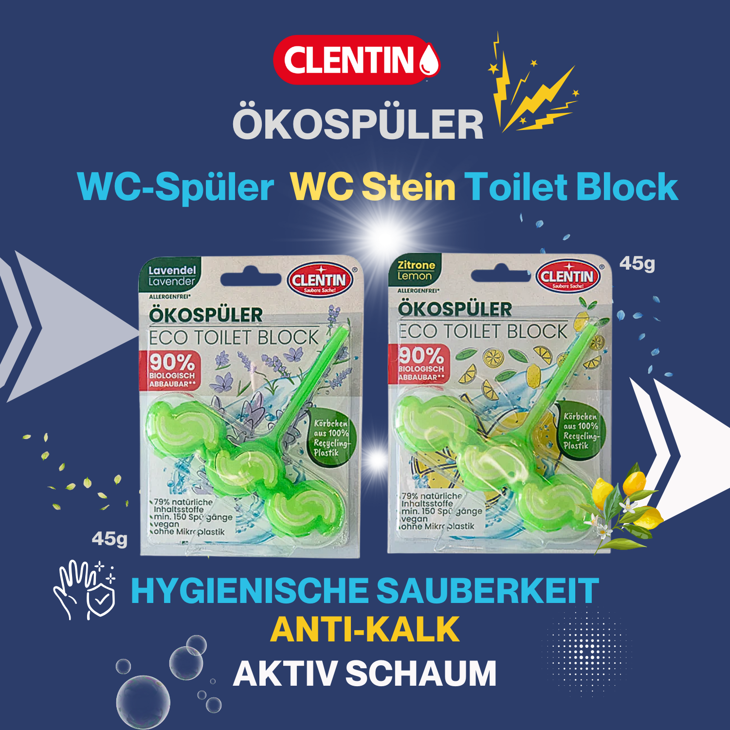 CLENTIN WC Stein ECO Duftspüler 1 St x 45g Zitrone / WC Reiniger 150 Spülgänge