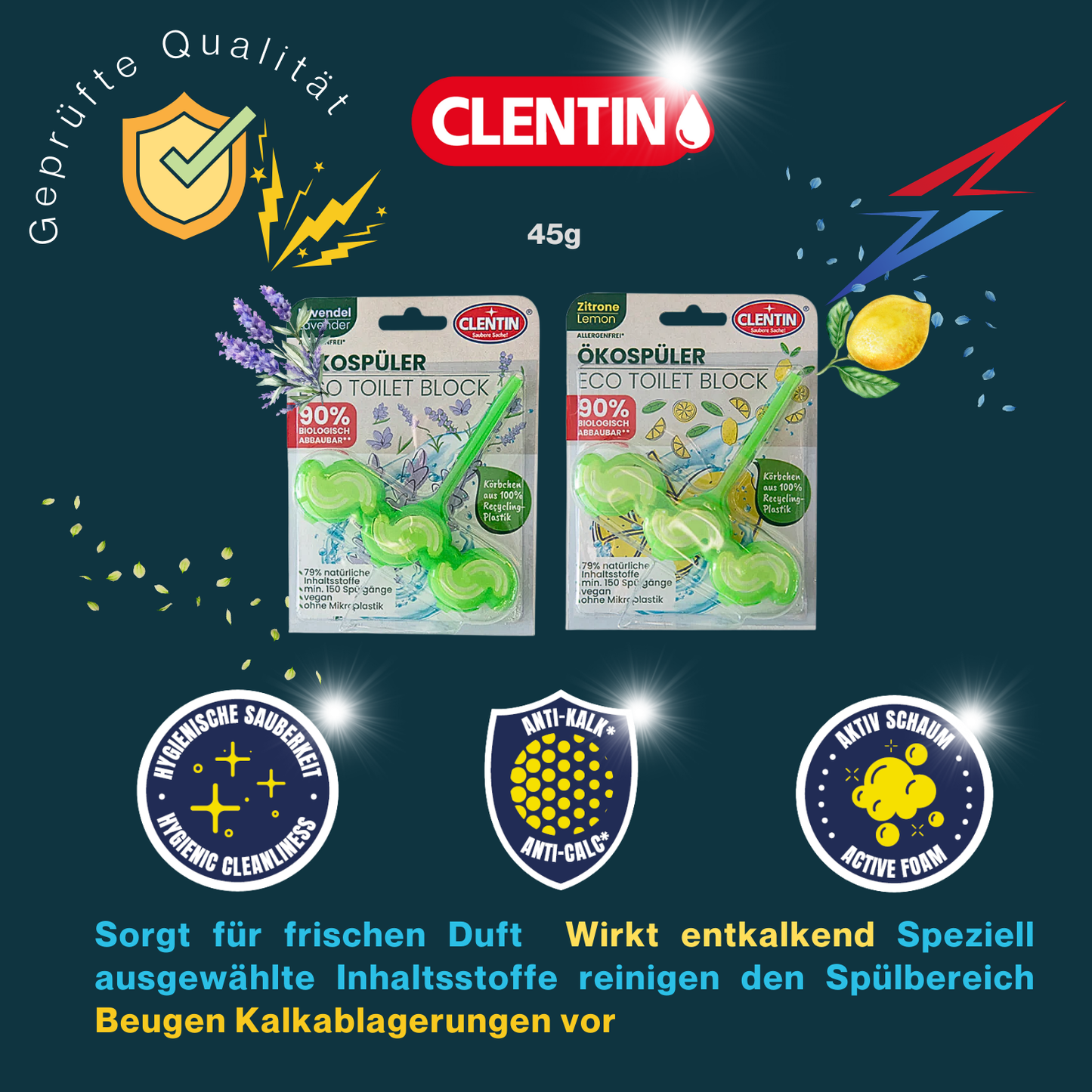 CLENTIN WC Stein ECO Duftspüler 1 St x 45g Lavender / WC Reiniger 150 Spülgänge