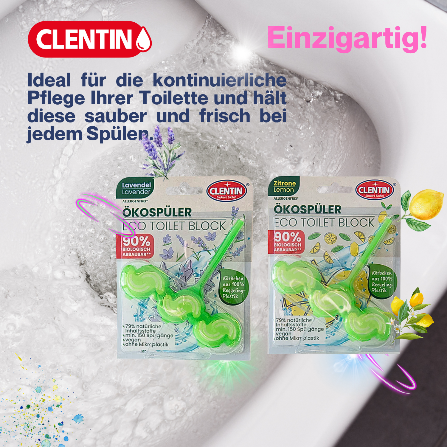 CLENTIN WC Stein ECO Duftspüler 12 St x 45g Zitrone / WC Reiniger 1800 Spülgänge
