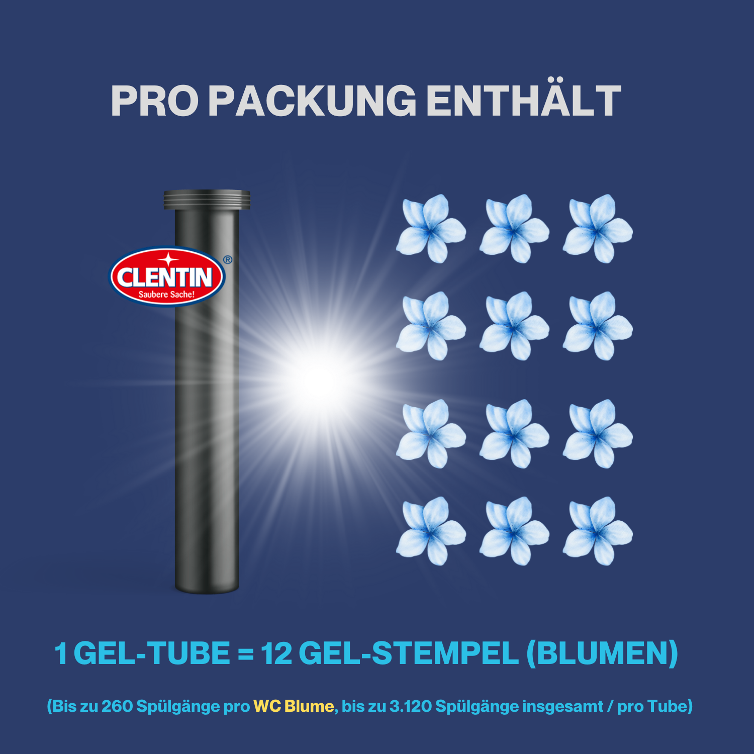 CLENTIN WC Reiniger Gel Stempel Ocean 1 Stk x 75ml - 12 Blumen / 3.120 Spülgänge
