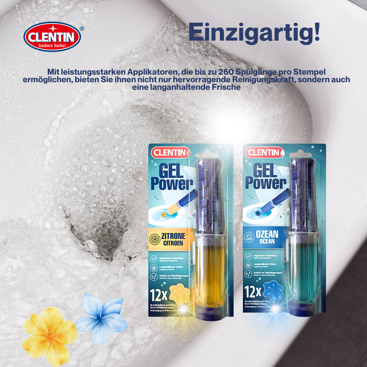CLENTIN WC Reiniger Gel Stempel Lemon 12 St x 75ml - 144 Blumen 37.440 Spülgänge