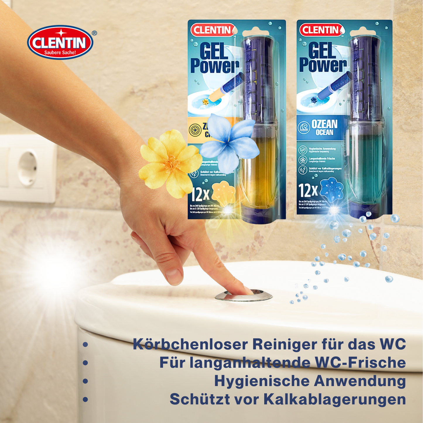 CLENTIN WC Reiniger Gel Stempel Ocean 1 Stk x 75ml - 12 Blumen / 3.120 Spülgänge