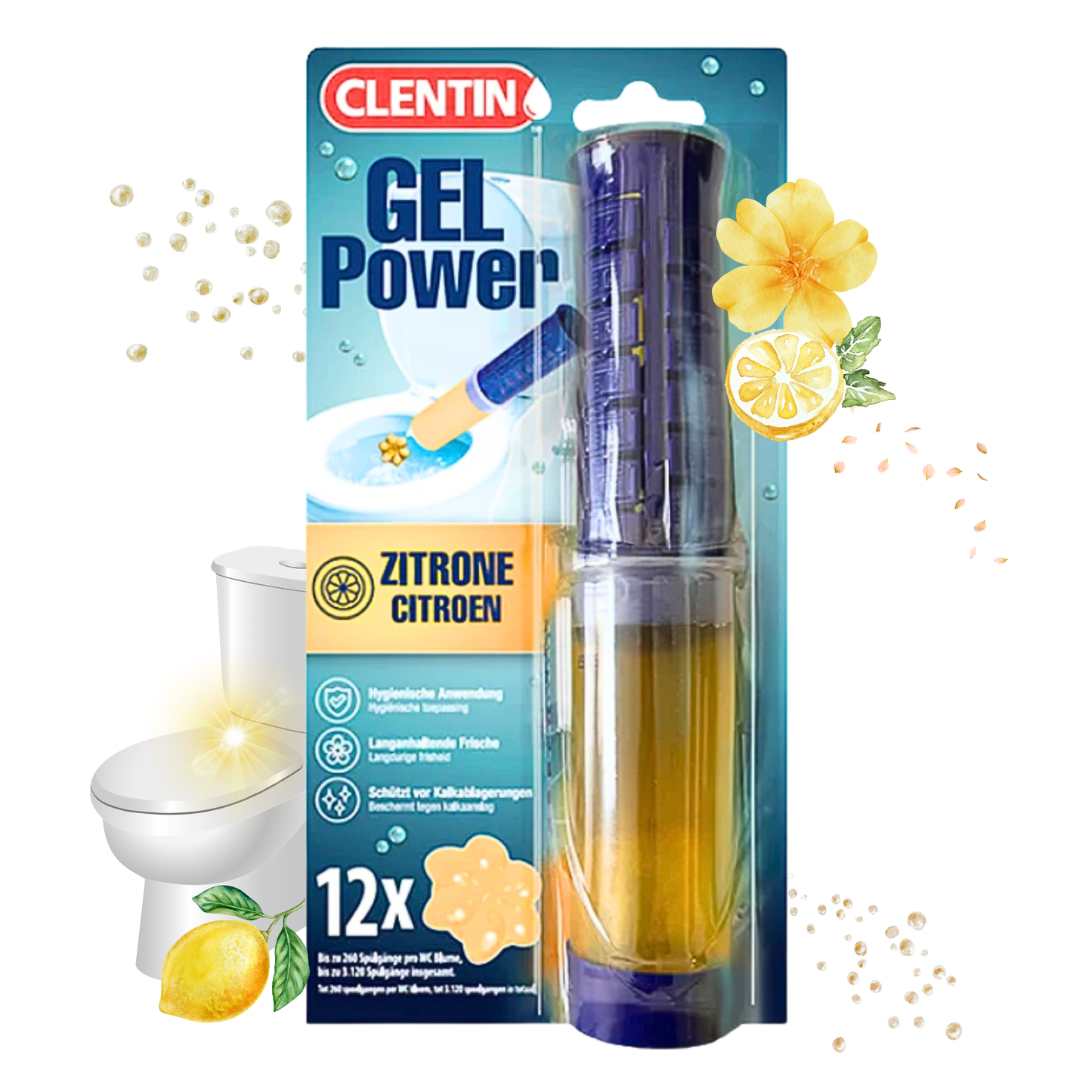 CLENTIN WC Reiniger Gel Stempel Lemon 12 St x 75ml - 144 Blumen 37.440 Spülgänge