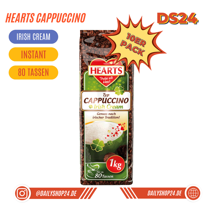 dailyshop24 hearts cappuccino irish cream 10er vorratspackung mit zehn packungen leckerem und cremigem instantkaffee