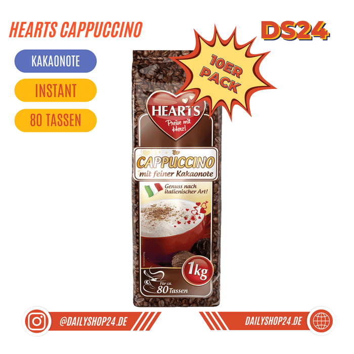 dailyshop24 hearts cappuccino mit feiner kakaonote zehnerpack instantkaffee mit schokogeschmack