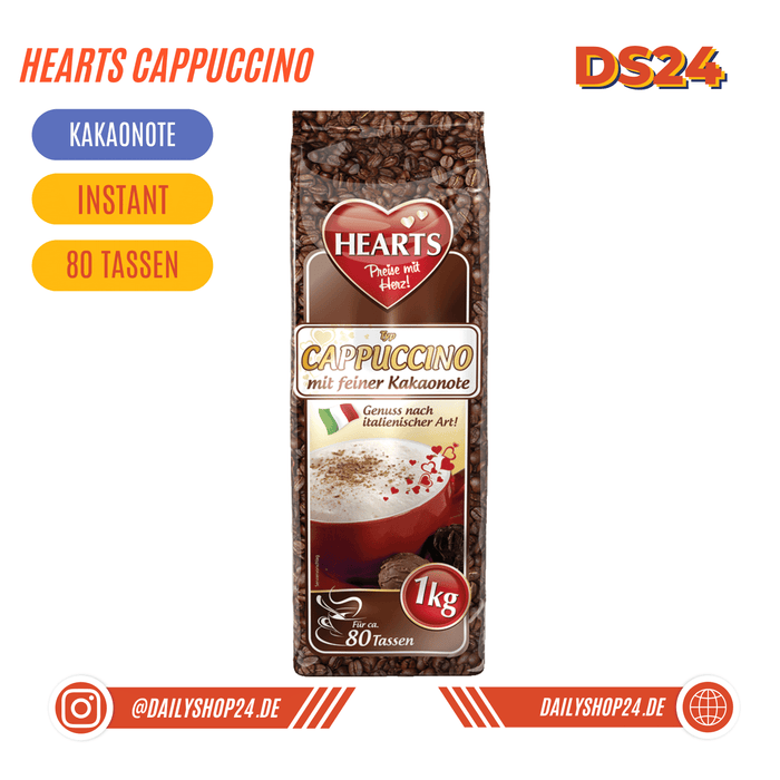 dailyshop24 produktbild hearts cappuccino mit feiner kakaonote sehr gut lösöich und extrem lecker und cremig