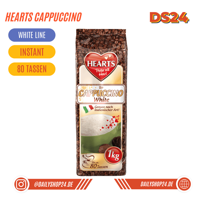 hearts cappuccino white line leckerer instantkaffee für zuhause produktbild mit verschiedenen produktinformationen