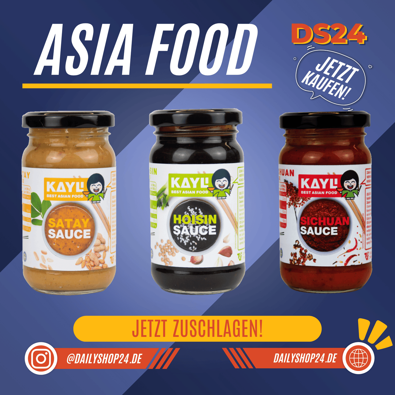 Dailyshop24 Kategorienbild für die Kategorie ASIA mit drei KAy Li Sacen Satay Sauce Szechuan Soße und Hoisin Soße