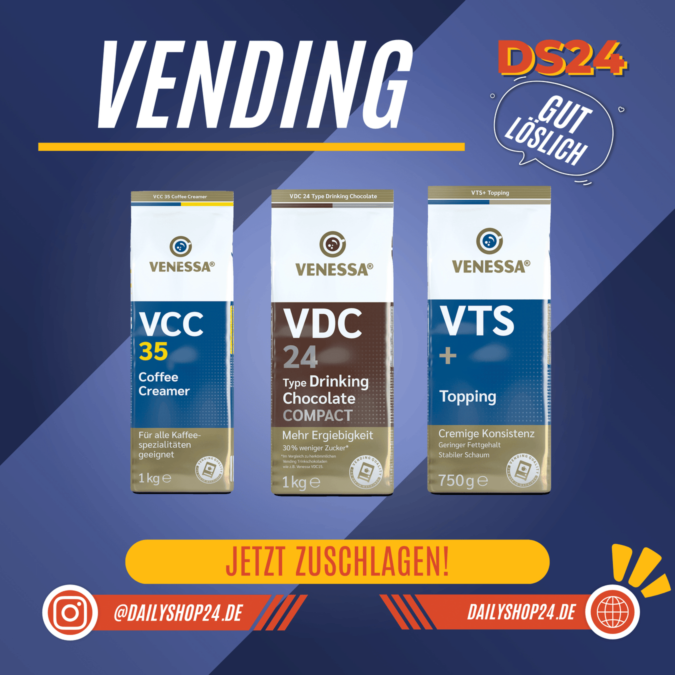 dailyshop24 vending kategoriebild mit drei venessa produkten vcc35 coffee creamer vdc24 drinking chocolate und venessa vts+