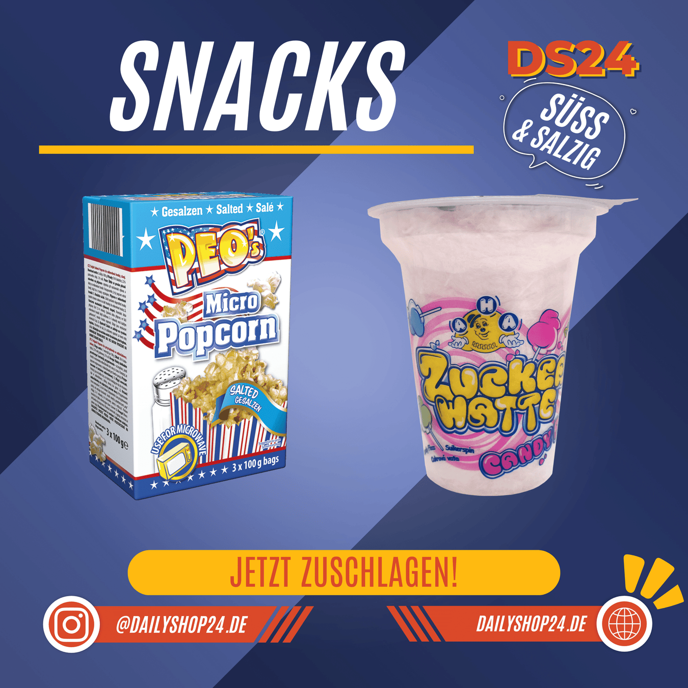 dailyshop24 snacks und süßigkeiten Kategorienbild mit zwei Produkten Peos Popcorn salzig und süß und AHA Zuckerwatte pink