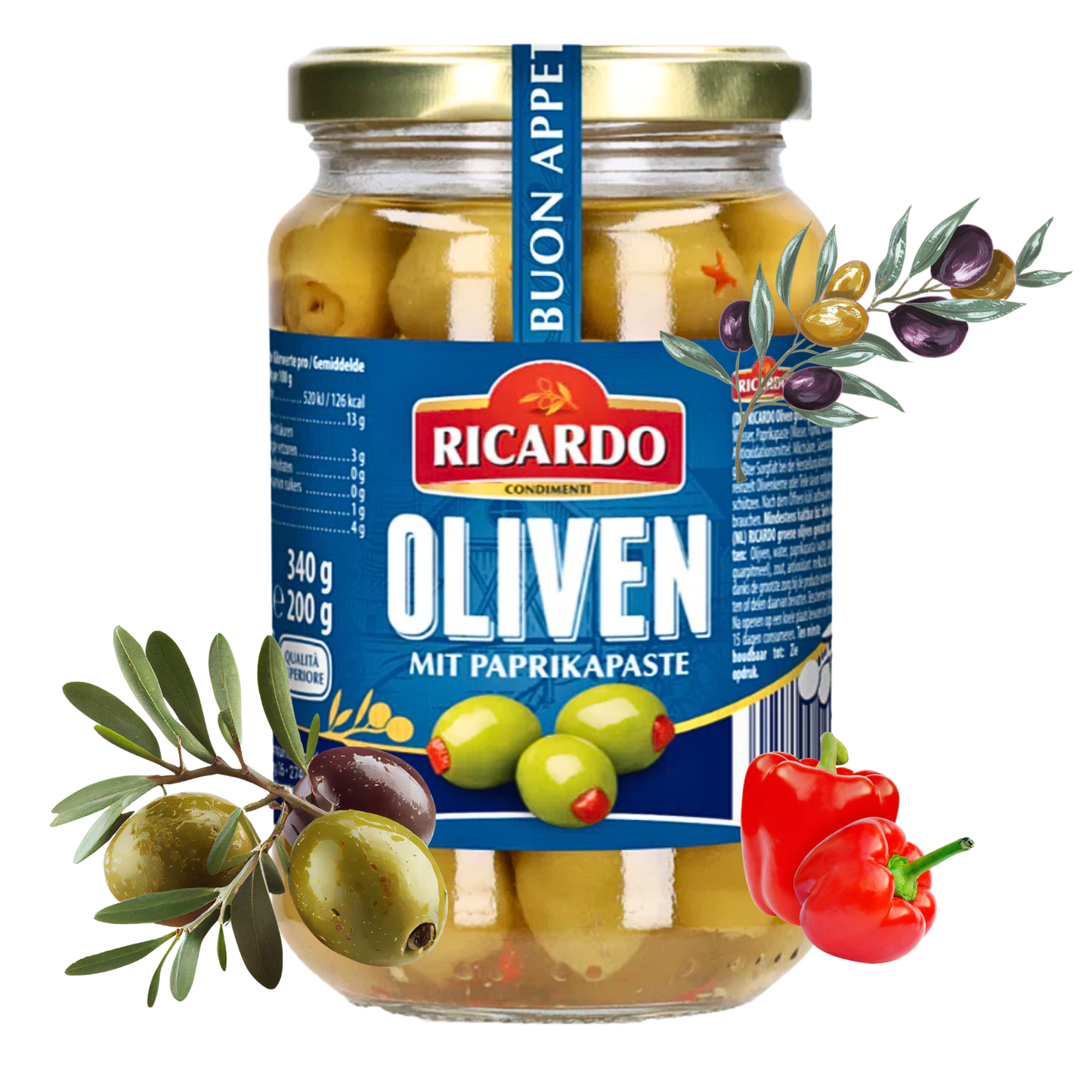 RICARDO Oliven grün mit Paprika gefüllt 340g
