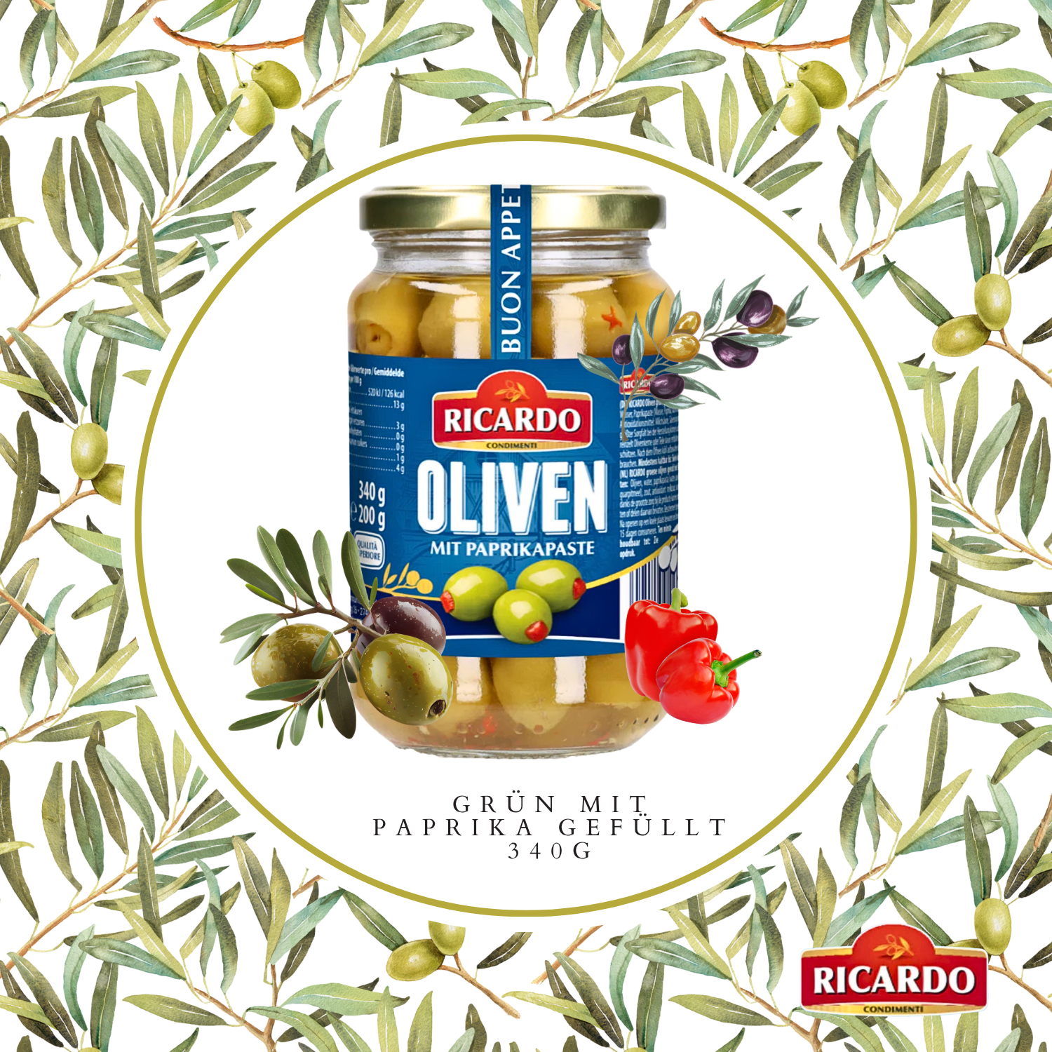 RICARDO Oliven grün mit Paprika gefüllt 12 x 340g