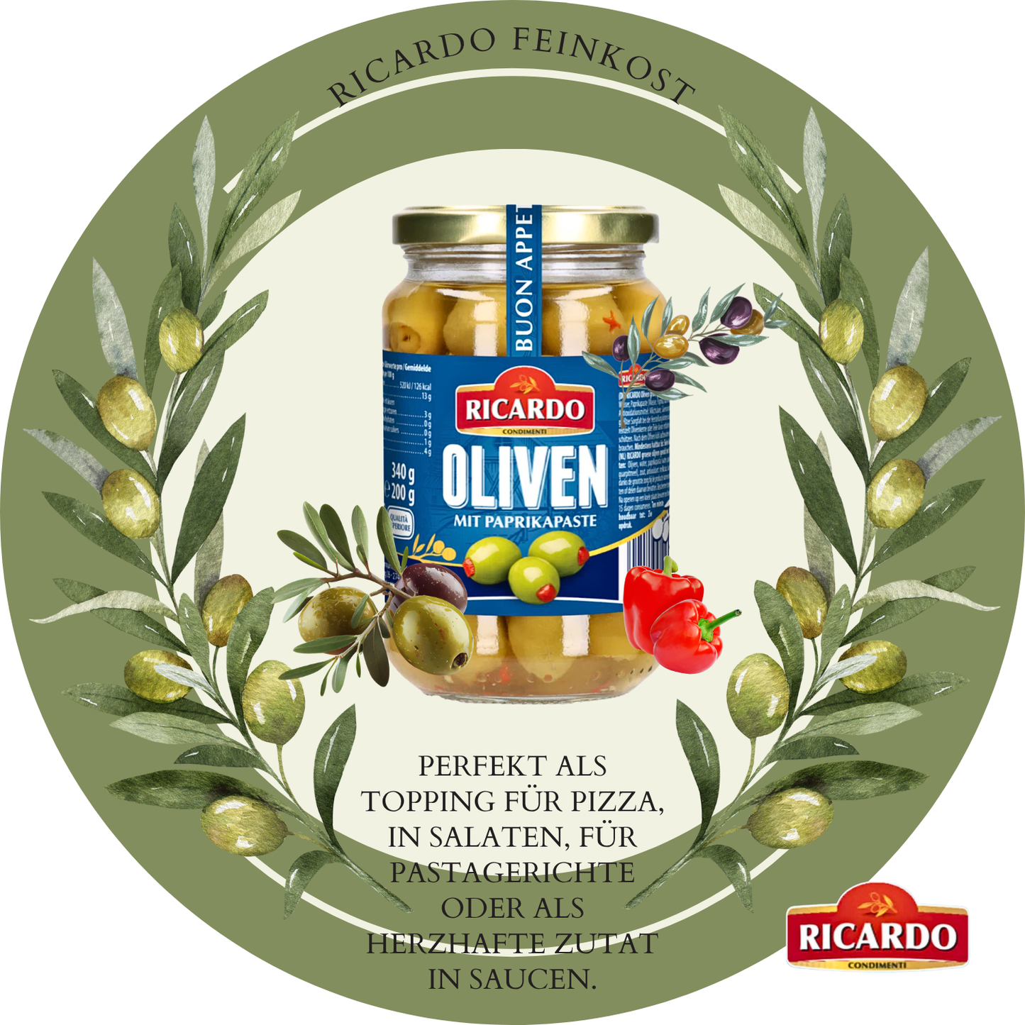 RICARDO Oliven grün mit Paprika gefüllt 12 x 340g