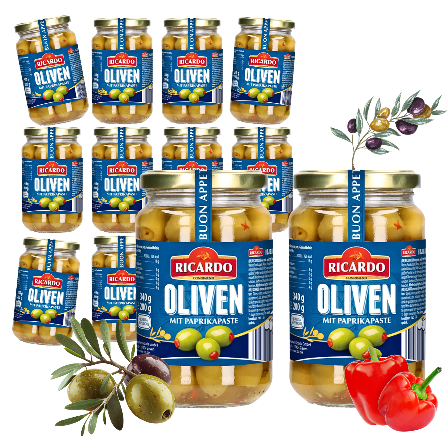 RICARDO Oliven grün mit Paprika gefüllt 12 x 340g