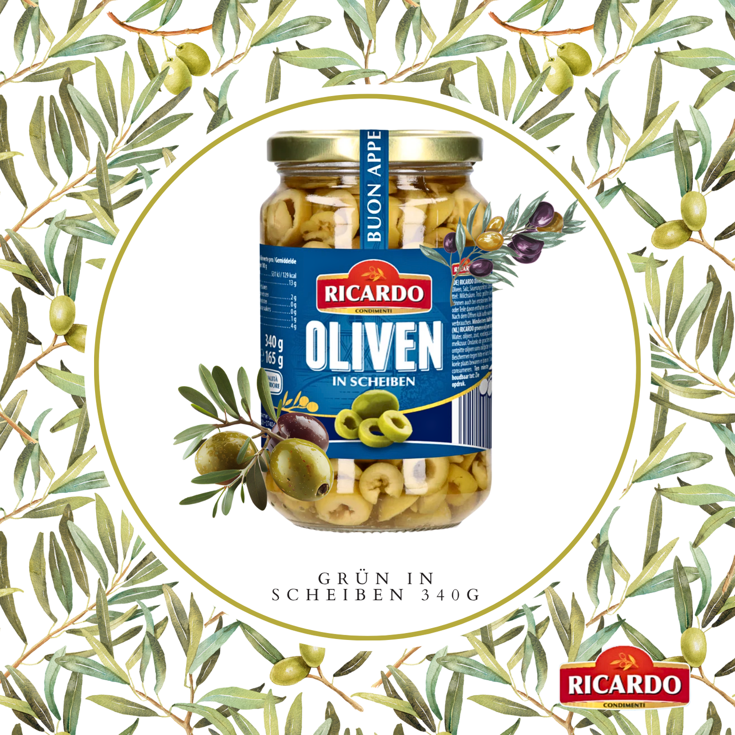RICARDO Oliven grün in Scheiben 340g