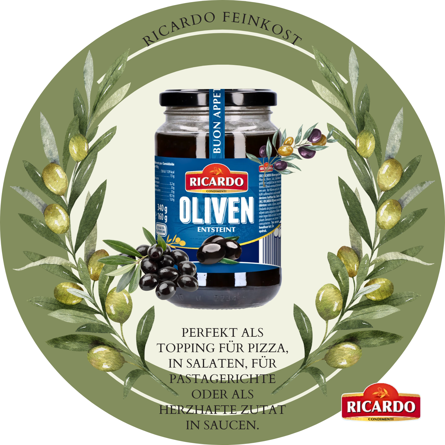RICARDO Oliven scharz 340g - entsteint