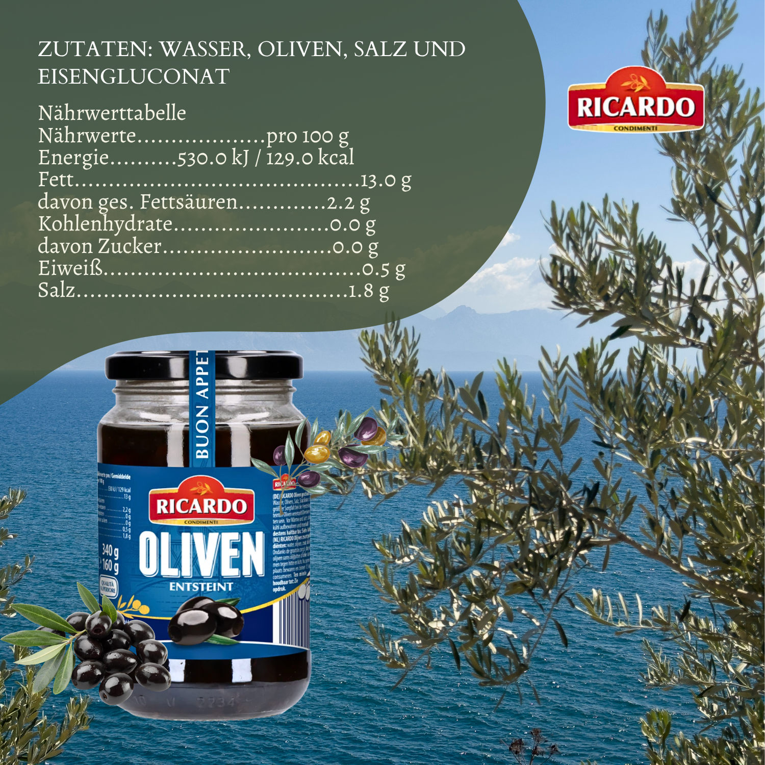 RICARDO Oliven schwarz 12 x 340g - entsteint