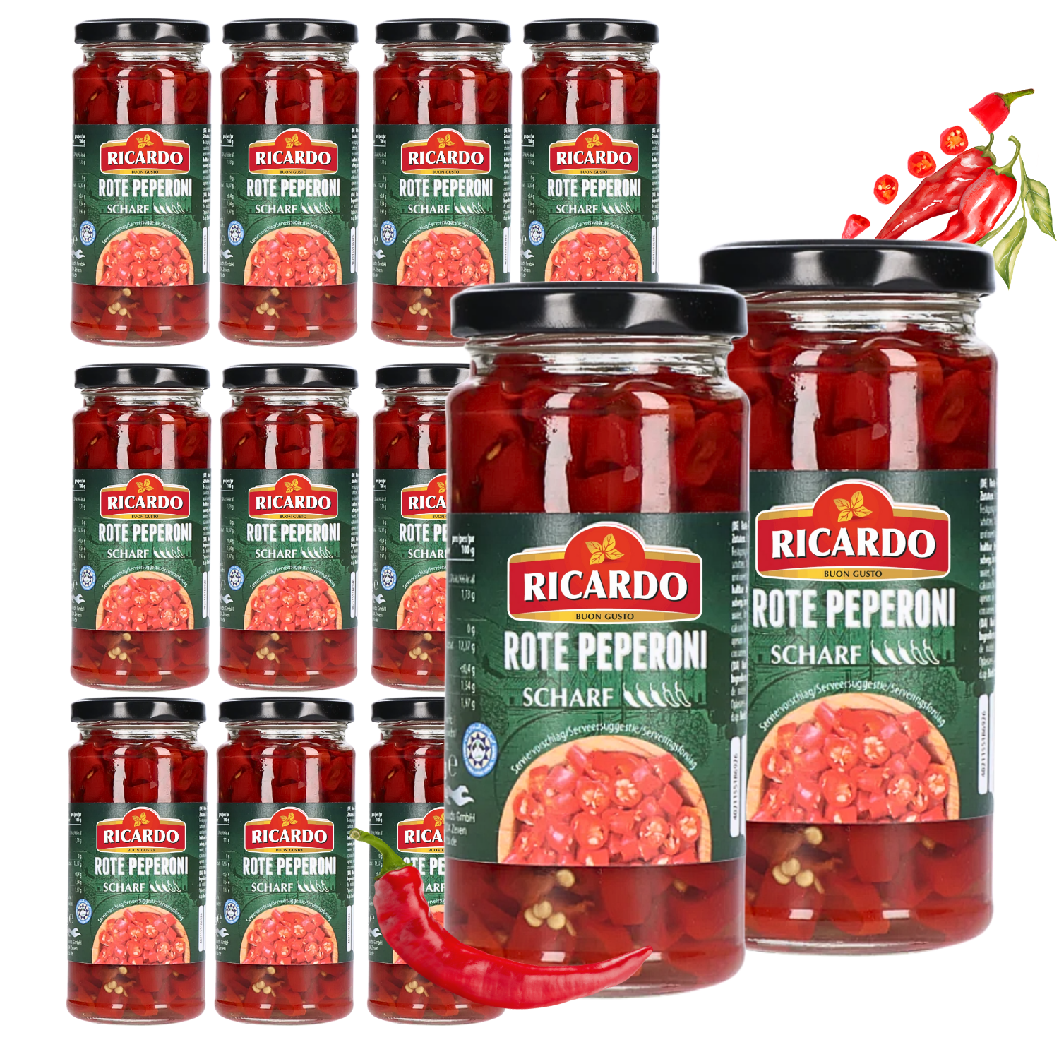 RICARDO Rote Peperoni Chili geschnitten 12 x 250g