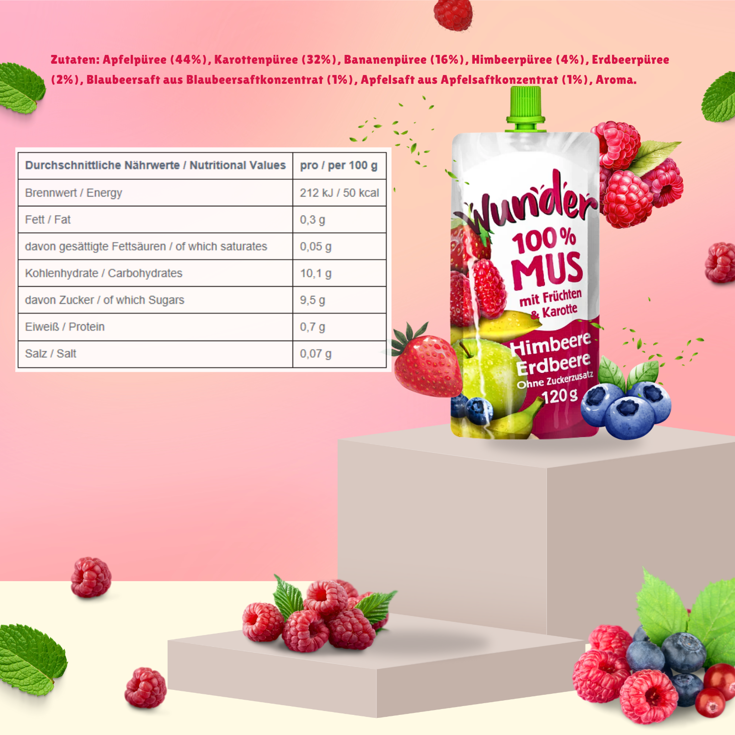 WUNDER Quetschie Mus 120g Himbeere, Erdbeere, Blaubeere