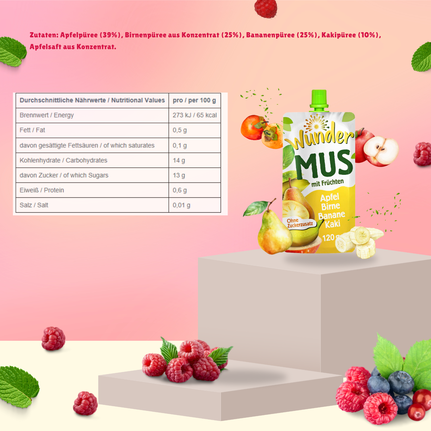 WUNDER Quetschie Mus 12 x 120g Kaki Banane Apfel Birne