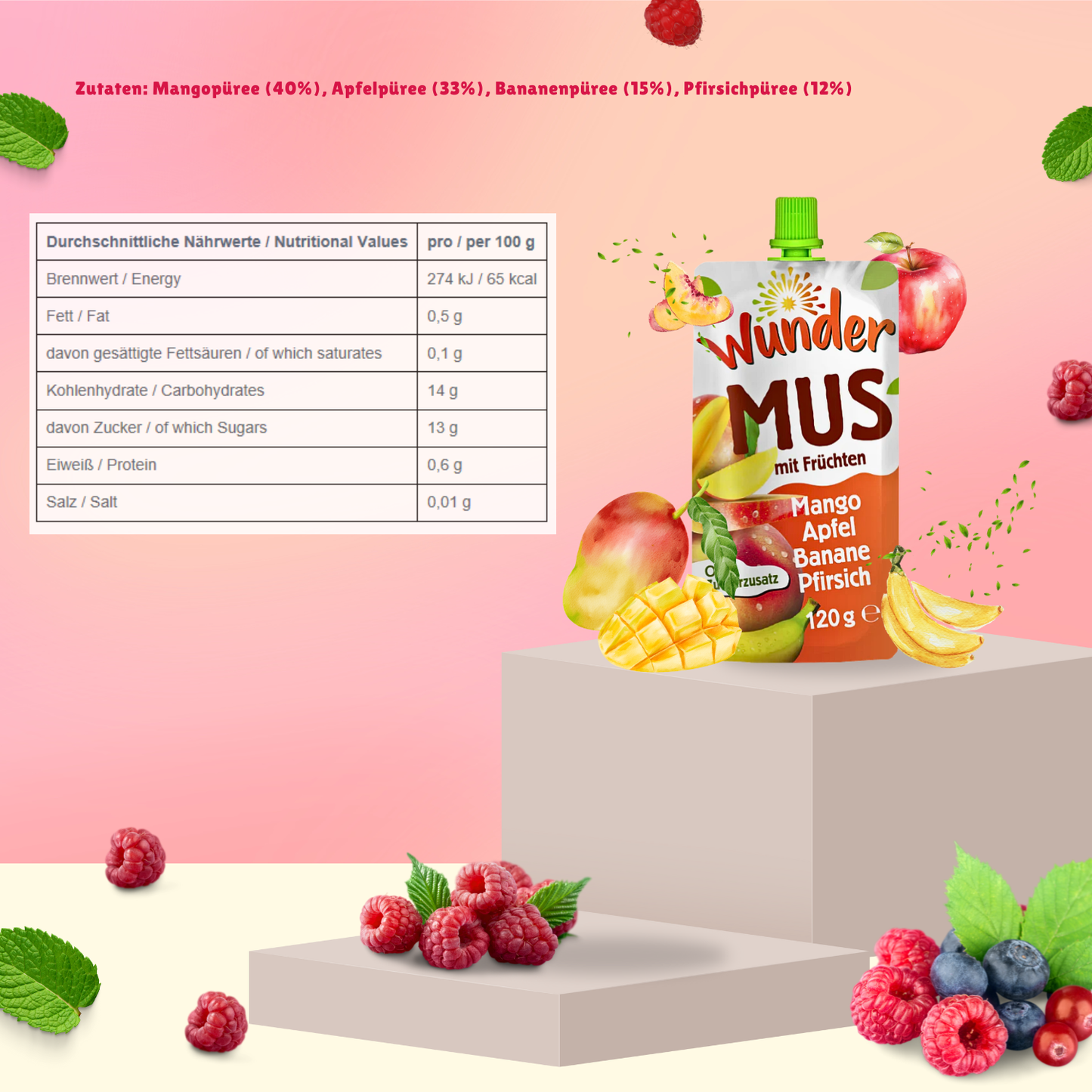 WUNDER Quetschie Mus 12 x 120g Mango Apfel Banane Pfirsich